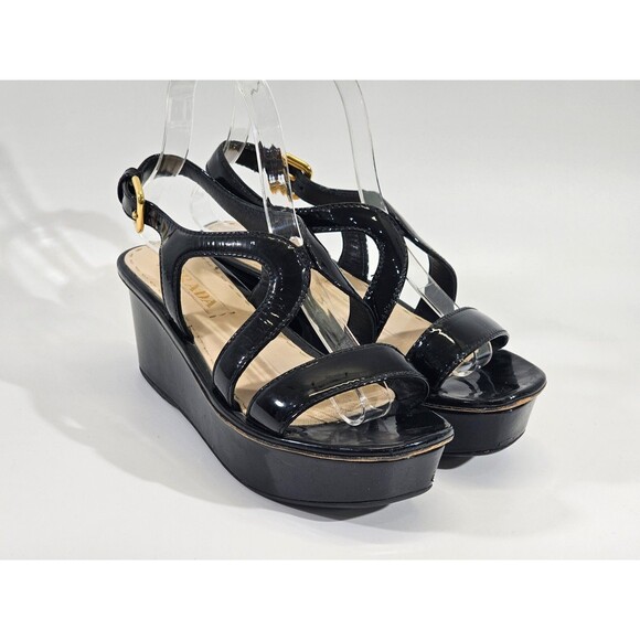 DMS Women's 35.5 PRADA Vintage Black Patent Leather Platform Sandals Chunky Heel - Picture 2 of 11